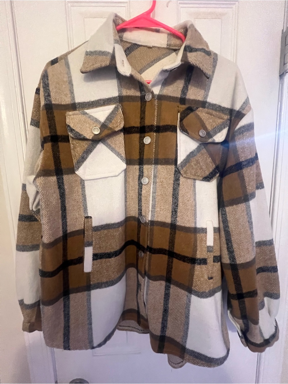 Plaid Utility Shacket Jacket in Cream and Brown